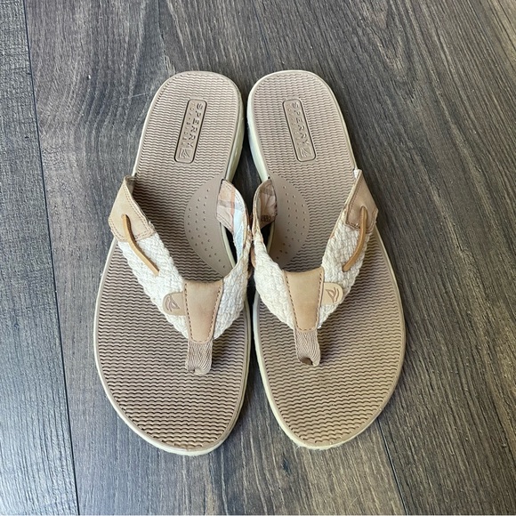 Sperry Parrotfish Flip Flop Women Shoes Size 10 Tan and Cream Braided Strap - Picture 2 of 4